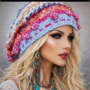 Hand Knits 2 Love Cotton Slouch Hat Bubbles Buds Lace Bead Designer Hip Boho Hip